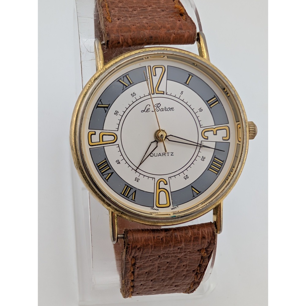 Vintage Le Baron Watch Women's 33mm Gold Case Brown Leather Band- New Battery